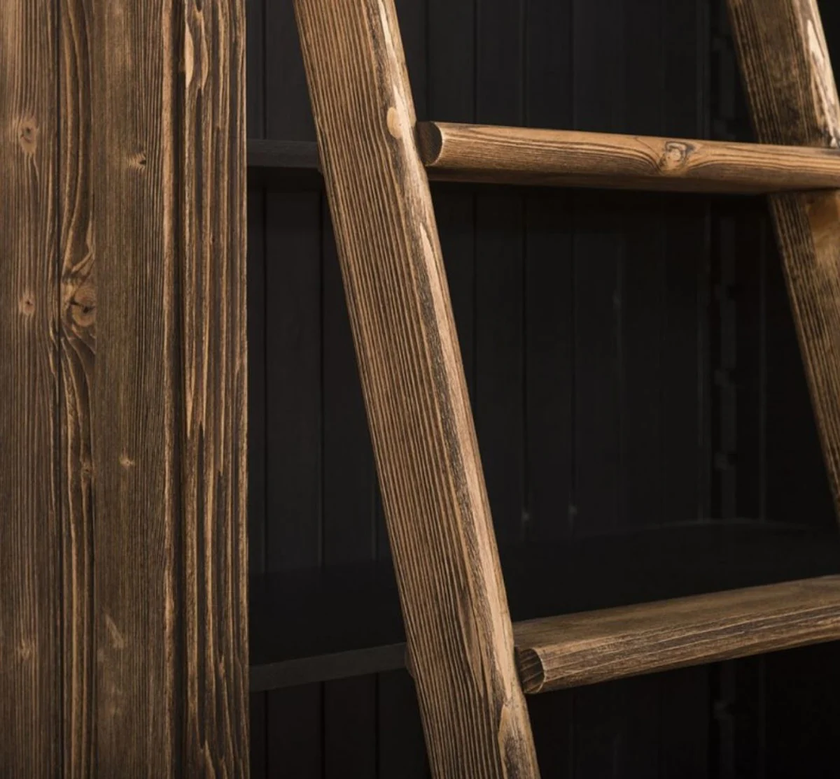 Landhausstil Bücherschrank mit Leiter Braun / Schwarz 120 x 51 x H. 228 cm - Massivholz Schrank - Regalschrank - Wohnzimmerschrank - Büroschrank - Landhausstil Möbel