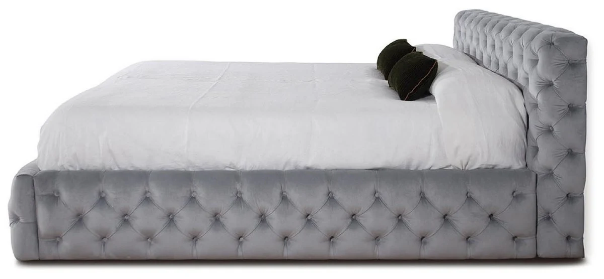 Luxus Chesterfield Doppelbett Grau 212 x 236 x H. 98 cm - Massivholz Bett mit Kopfteil - Schlafzimmer Möbel - Hotel Möbel - Luxus Möbel - Chesterfield Möbel