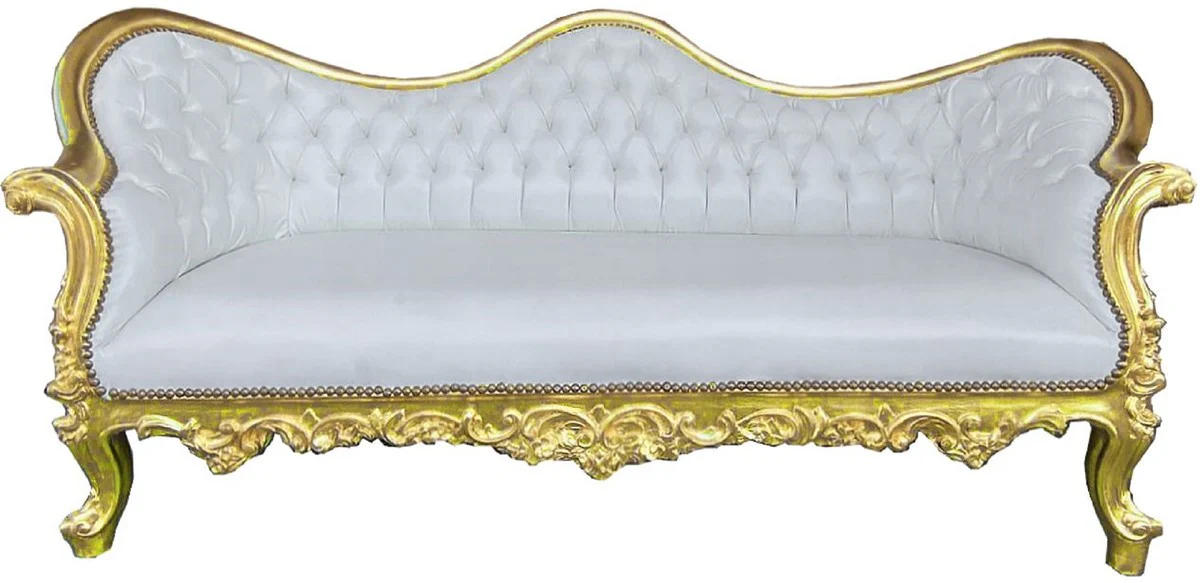 Barock Sofa Vampire Weiß / Gold 200 x 75 x H. 82 cm - Handgefertigte Lounge Couch mit edlem Kunstleder - Barock Wohnzimmer Möbel