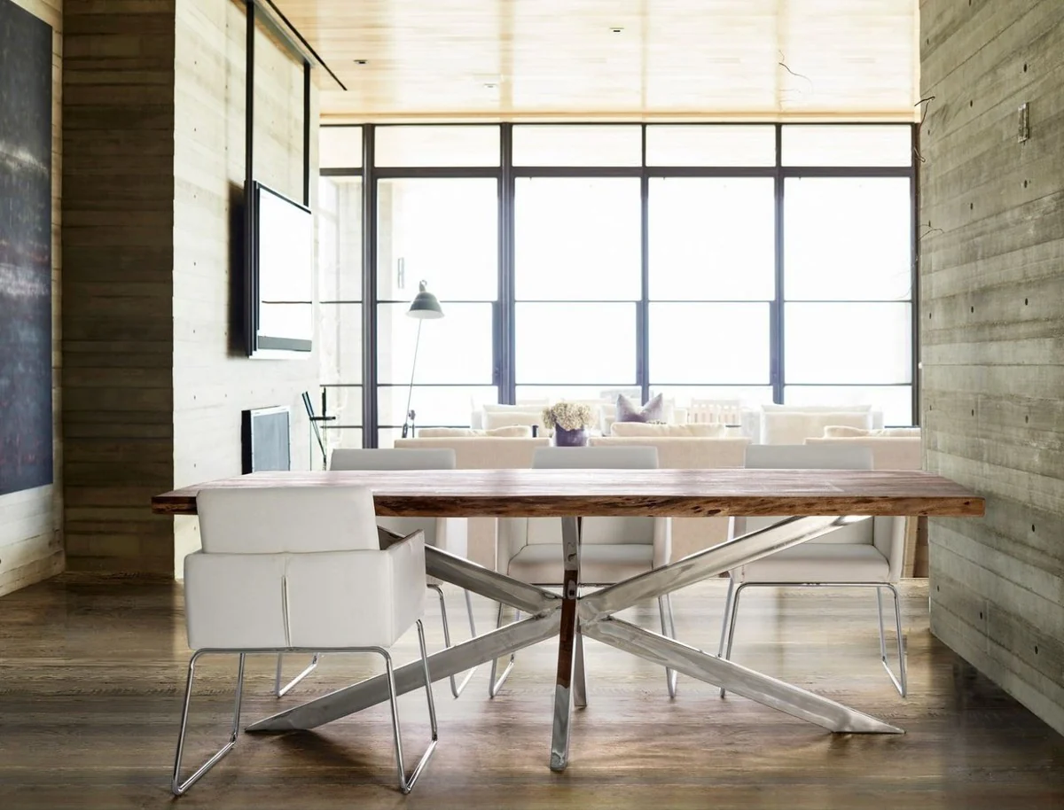 Luxus Esstisch Braun / Silber 220 x 100 x H. 77 cm - Rechteckiger Küchentisch mit Massivholz Tischplatte und Edelstahl Beinen - Esszimmer Möbel - Küchen Möbel - Luxus Möbel