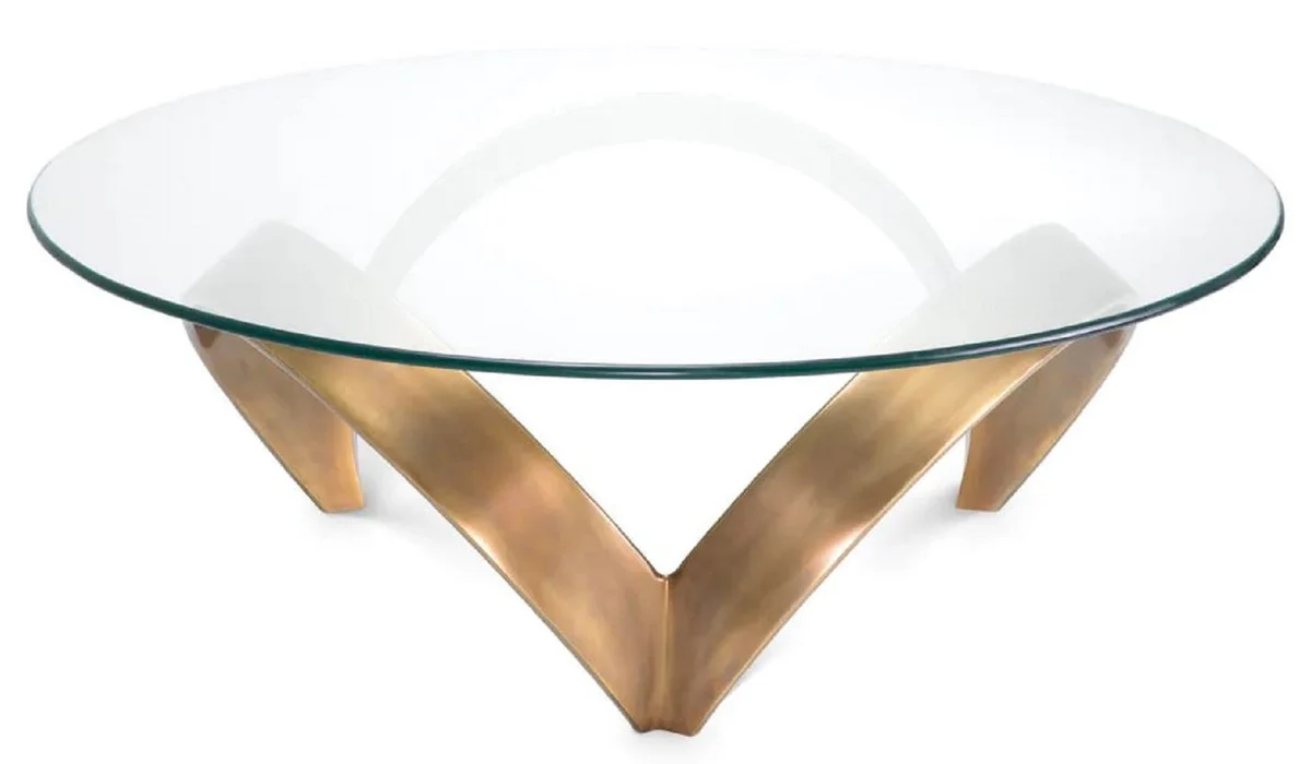 Luxus Couchtisch Vintage Messing Ø 110 x H. 36,5 cm - Runder Aluminium Wohnzimmertisch mit Glasplatte - Wohnzimmer Möbel - Hotel Möbel - Luxus Möbel - Luxus Kollektion