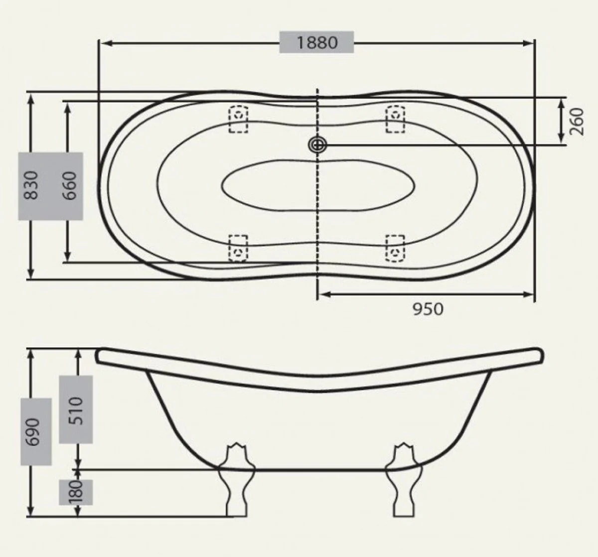 Freistehende Luxus Badewanne Jugendstil Paris Weiß/Silber 1880mm - Barock Badezimmer