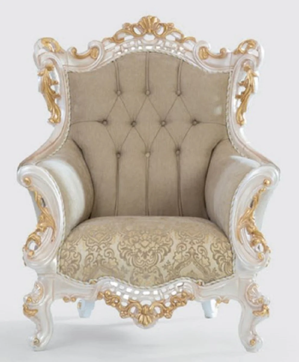 Luxus Barock Wohnzimmer Set Greige / Weiß / Gold - 2 Sofas & 2 Sessel & 1 Couchtisch - Handgefertigte Wohnzimmer Möbel im Barockstil - Edel & Prunkvoll