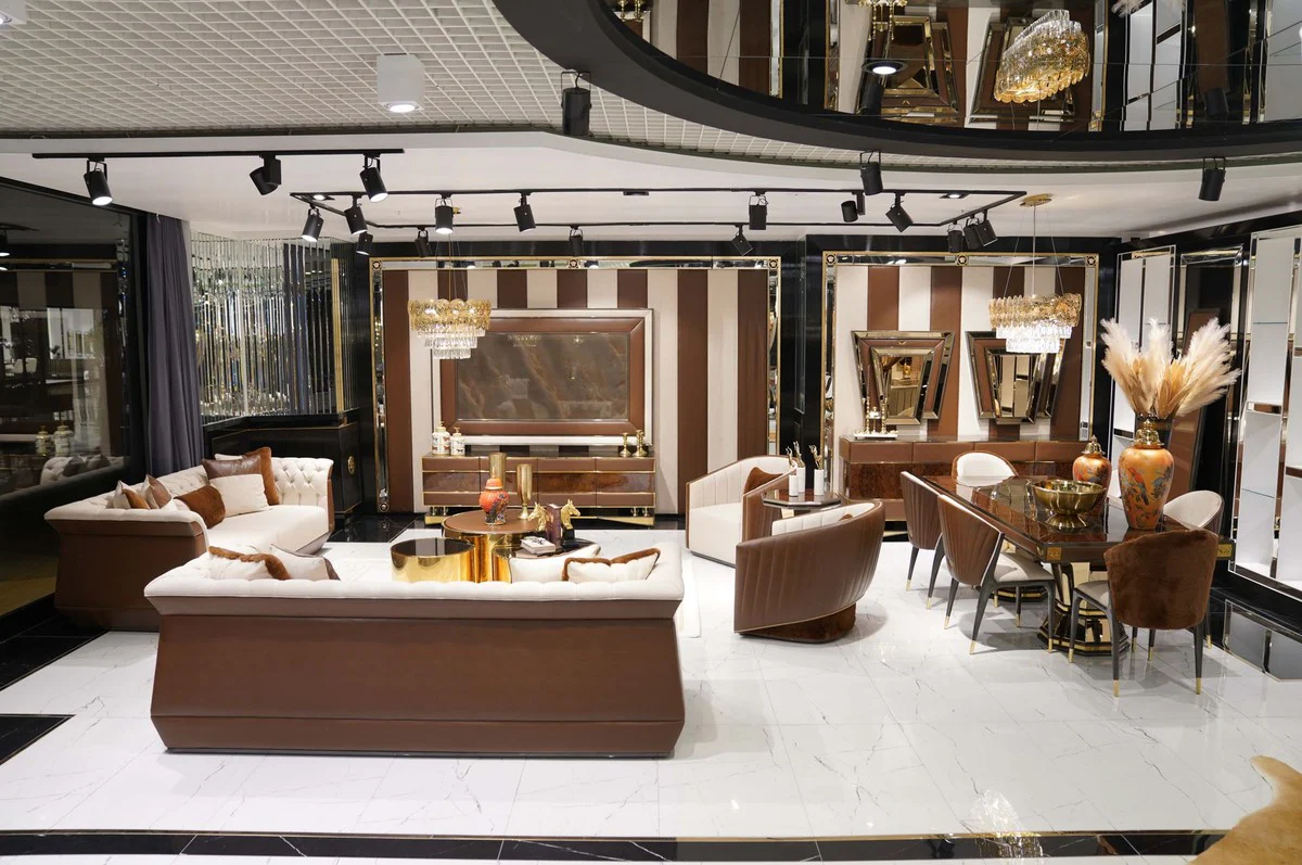 Luxus Beistelltisch Braun / Grau / Gold - Verspiegelter 8 eckiger Massivholz Tisch - Wohnzimmer Möbel - Wohnzimmer Einrichtung - Luxus Möbel - Luxus Einrichtung - Luxus Qualität