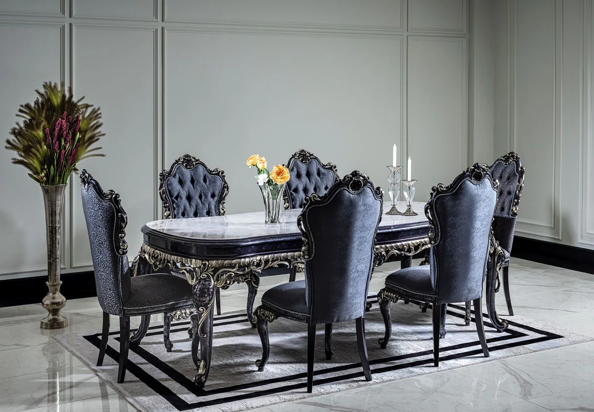 Luxus Barock Esszimmer Set Weiß / Blau / Gold - 1 Esstisch & 6 Esszimmerstühle - Barock Esszimmer Möbel - Edel & Prunkvoll