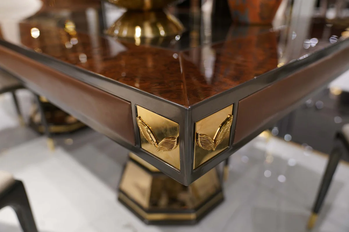 Luxus Esszimmer Set Naturfarben / Braun / Grau / Gold - 1 Luxus Esstisch & 6 Luxus Esszimmerstühle - Esszimmer Möbel - Luxus Möbel - Luxus Einrichtung - Esszimmer Einrichtung