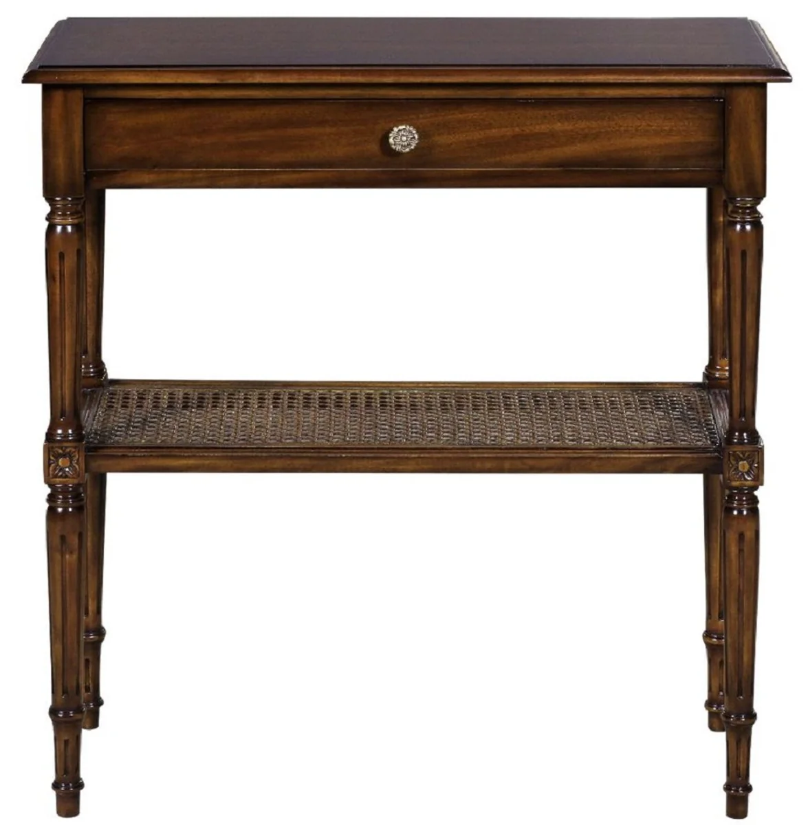 Luxus Jugendstil Nachtkommode Braun 71 x 28 x H. 76 cm - Eleganter Massivholz Nachttisch - Beistelltisch mit Schublade und Rattan Regal - Schlafzimmer Möbel