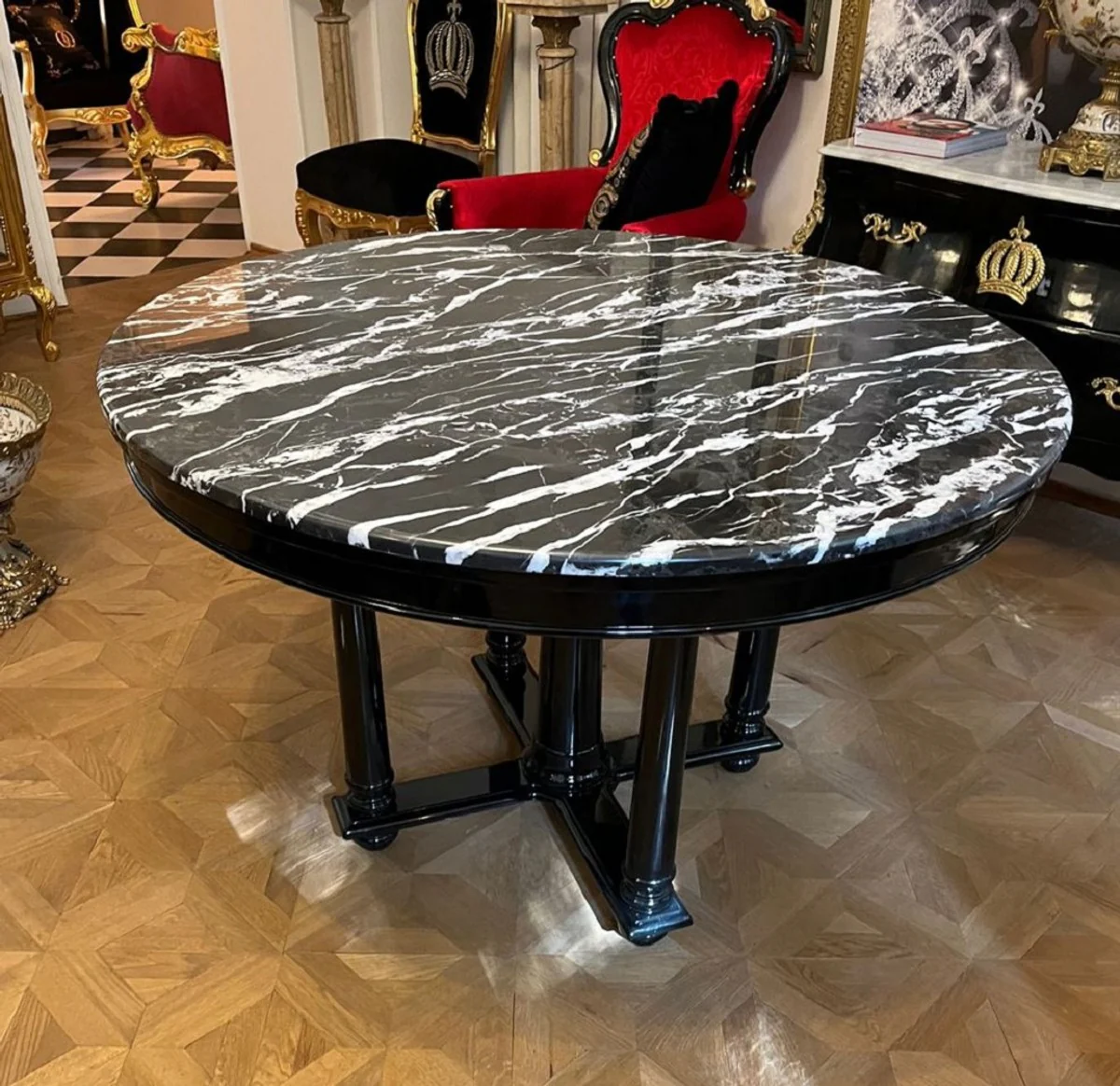 Luxus Esstisch Schwarz Ø 120 x H. 80 cm - Runder Massivholz Küchentisch mit Marmorplatte - Esszimmer Möbel - Luxus Möbel