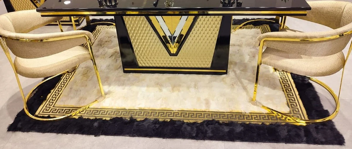 Luxus Teppich Creme / Gold / Schwarz 170 x 240 cm - Rechteckiger Fell Teppich