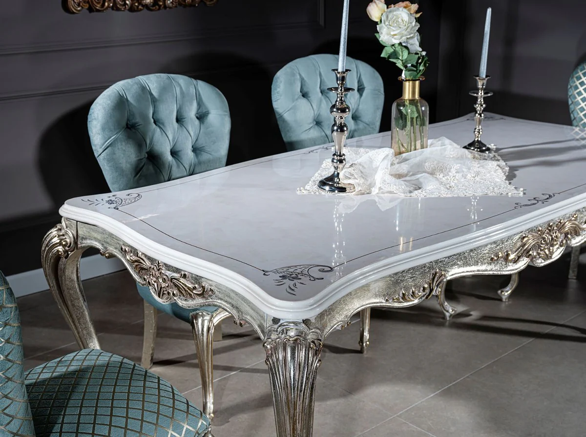 Luxus Barock Esstisch Weiß / Silber / Gold 207 x 112 x H. 82 cm - Massivholz Esszimmertisch - Edle Barock Esszimmer Möbel