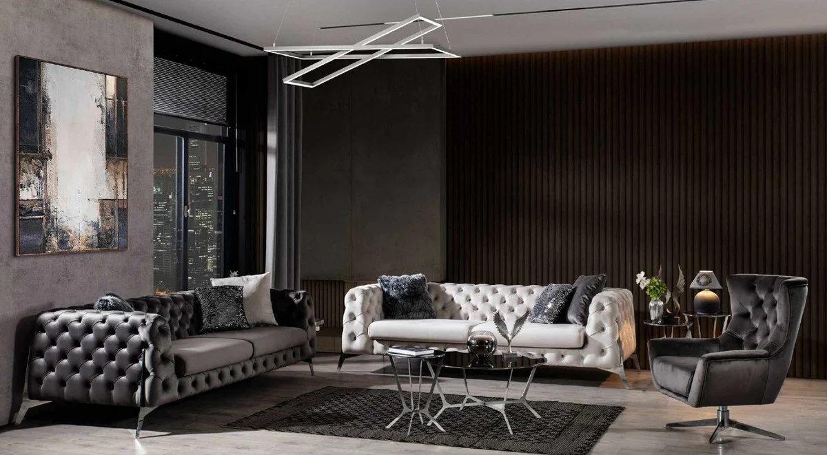 Luxus Chesterfield Sofa Grau / Silber 240 x 100 x H. 72 cm - Wohnzimmer Sofa - Chesterfield Wohnzimmer Möbel