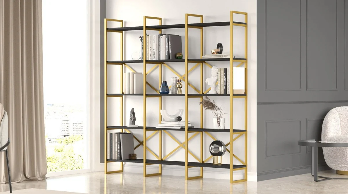 Luxus Regalschrank mit Massivholz Regalen Gold / Schwarz 170 x 30 x H. 175 cm - Bücherschrank - Wohnzimmer Schrank - Büro Schrank - Wohnzimmer Möbel - Büro Möbel - Luxus Möbel