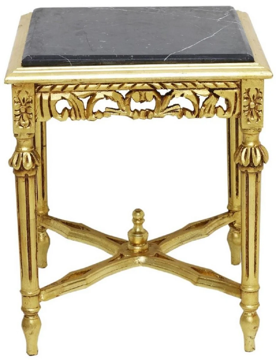 Barock Beistelltisch Gold / Schwarz - Handgefertigter Massivholz Tisch mit Marmorplatte - Barock Wohnzimmer Möbel