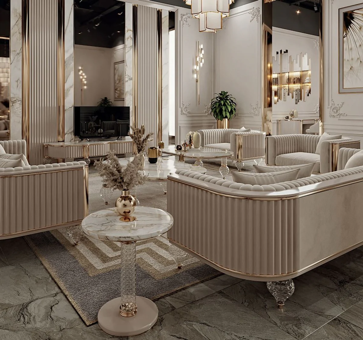 Luxus Art Deco 3er Sofa Grau / Gold 260 x 96 x H. 75,5 cm - Wohnzimmer Sofa - Wohnzimmer Möbel - Art Deco Möbel - Luxus Möbel - Art Deco Einrichtung - Luxus Einrichtung