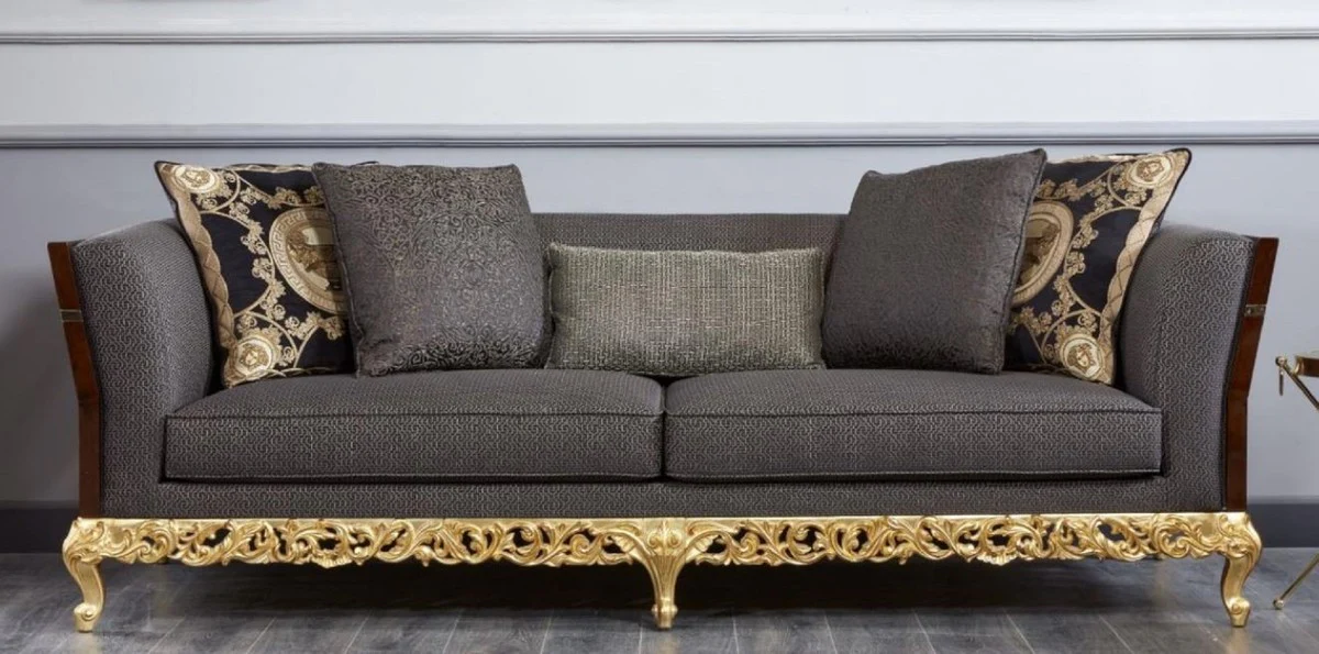 Luxus Barock Sofa Grau / Dunkelbraun / Gold - Prunkvolles Wohnzimmer Sofa - Barockstil Wohnzimmer Möbel - Luxus Möbel im Barockstil - Barock Einrichtung - Edel & Prunkvoll