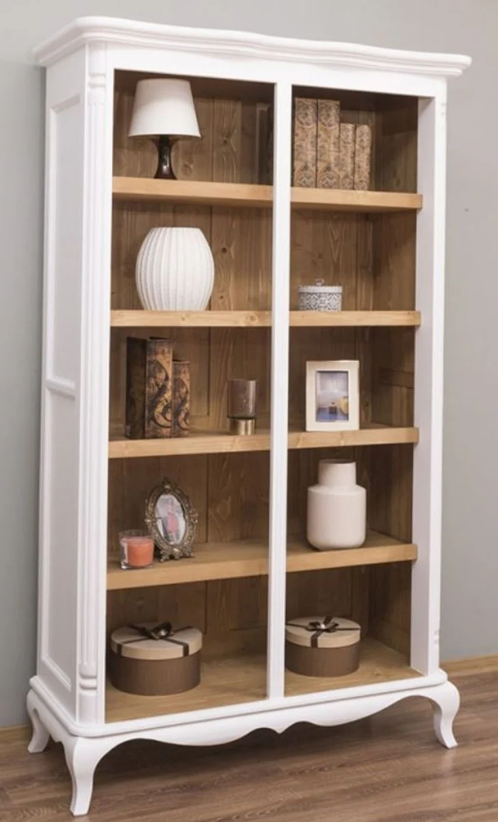 Landhausstil Regalschrank Weiß / Naturfarben 112 x 49 x H. 190 cm - Massivholz Bücherschrank - Wohnzimmerschrank - Büroschrank - Möbel im Landhausstil