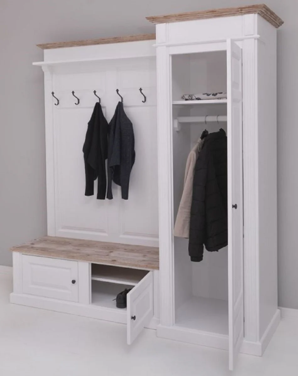 Landhausstil Garderobenschrank Weiß / Naturfarben 205 x 65 x H. 210 cm - Massivholz Garderobe - Flur Schrank - Flurmöbel - Garderoben Möbel - Massivholz Möbel - Landhausstil Möbel