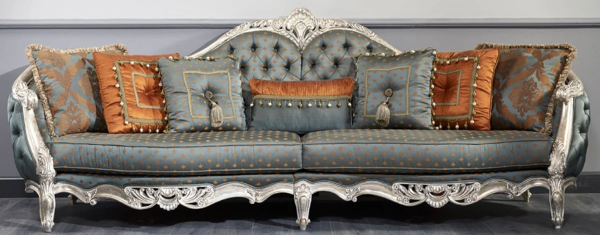 Luxus Barock Sofa Dunkeltürkis / Gold / Silber 310 x 99 x H. 113 cm - Prunkvolles Chesterfield Wohnzimmer Sofa im Barockstil