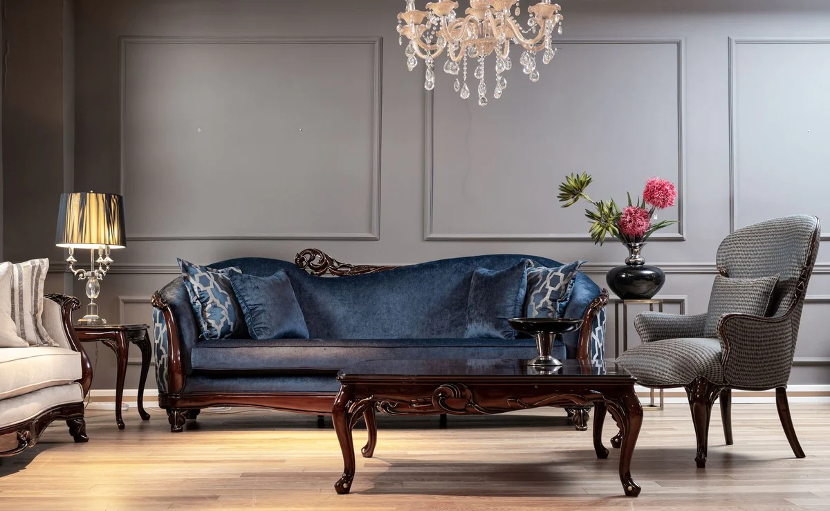 Luxus Barock Sofa Blau / Dunkelbraun / Gold - Handgefertigtes Wohnzimmer Sofa im Barockstil - Barock Wohnzimmer Möbel