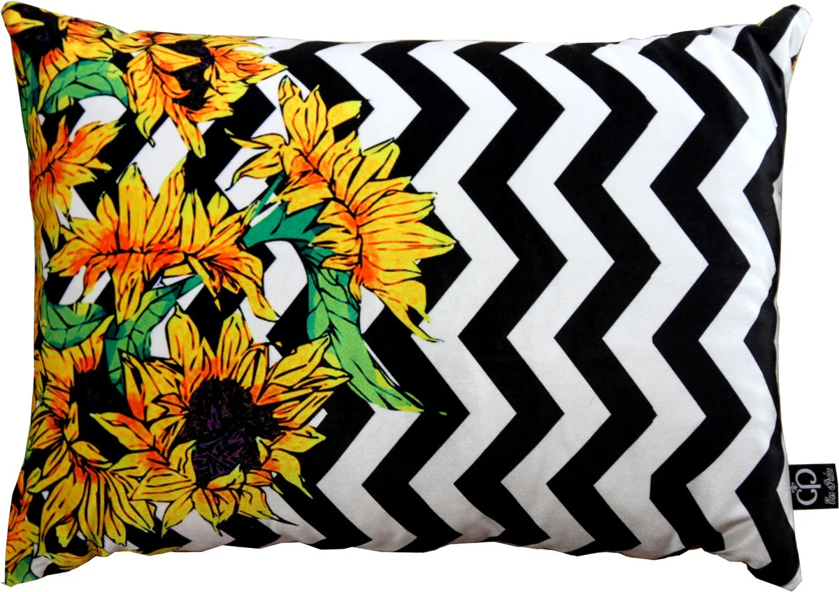 Luxus Deko Kissen Virginia Sunflowers Schwarz / Weiß / Mehrfarbig 35 x 55 cm - Feinster Samtstoff - Wohnzimmer Kissen
