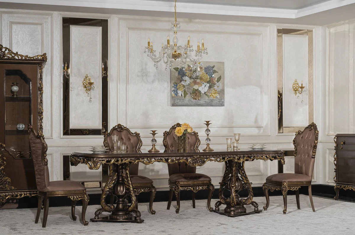 Luxus Barock Esszimmer Stuhl 4er Set Grau / Braun / Gold - Prunkvolle Barockstil Küchen Stühle - Luxus Esszimmer Möbel im Barockstil - Barock Esszimmer Möbel - Barockstil Möbel