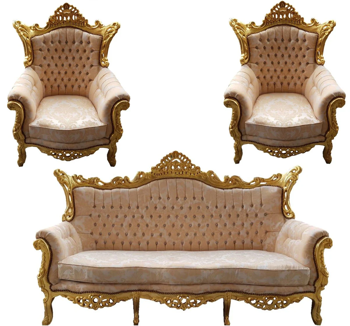Barock Wohnzimmer Set Master Creme Muster / Gold mit Bling Bling Glitzersteinen - 3er Sofa + 2 Sessel - Limited Edition!