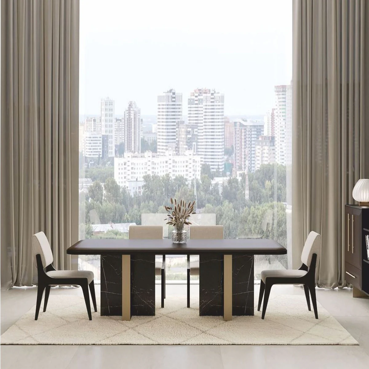 Luxus Esstisch Dunkelbraun / Schwarz / Messing 215 cm - Hotel & Esszimmer Möbel