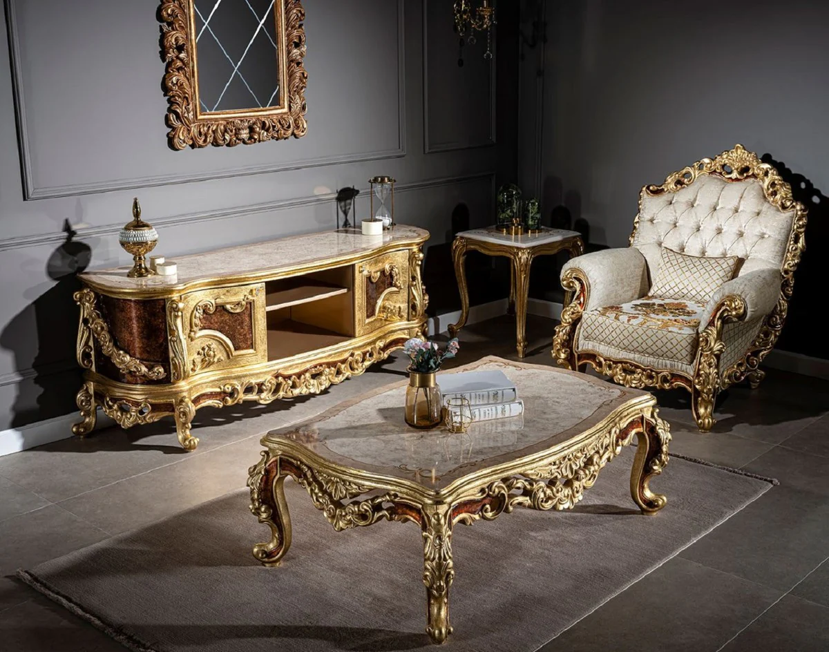 Luxus Barock Couchtisch Beige / Creme / Gold / Braun - Prunkvoller Massivholz Wohnzimmertisch im Barockstil - Prunkvolle Barock Möbel
