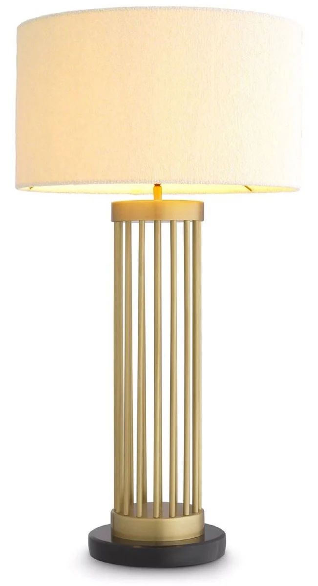 Luxus Tischleuchte Antik Messingfarben / Schwarz / Weiß Ø 45 x H. 83 cm - Moderne Metall Schreibtischleuchte mit Marmorsockel und rundem Lampenschirm - Wohnzimmer Lampe