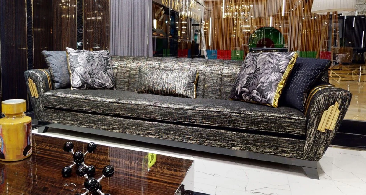 Luxus Sofa Schwarz / Gold 280 x 77 x H. 94 cm - Wohnzimmer Sofa - Hotel Sofa - Wohnzimmer Möbel - Hotel Möbel - Luxus Möbel - Wohnzimmer Einrichtung - Luxus Einrichtung