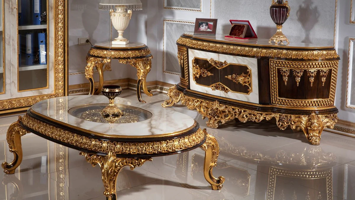 Luxus Barock Beistelltisch Weiß / Dunkelbraun / Gold - Prunkvoller Massivholz Tisch im Barockstil - Barock Wohnzimmer Möbel - Edel & Prunkvoll