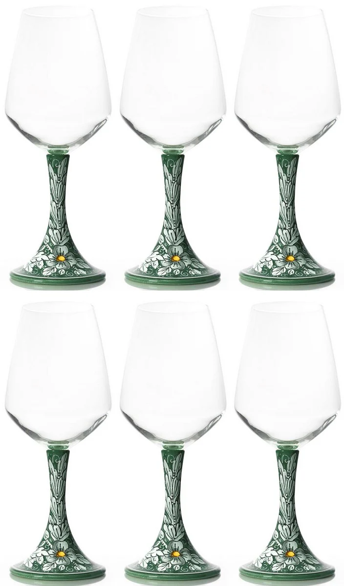 Luxus Keramik Weinglas 6er Set Grün / Mehrfarbig H. 23,5 cm - Handgefertigte & handbemalte Weingläser - Hotel & Restaurant Accessoires - Luxus Qualität - Made in Italy