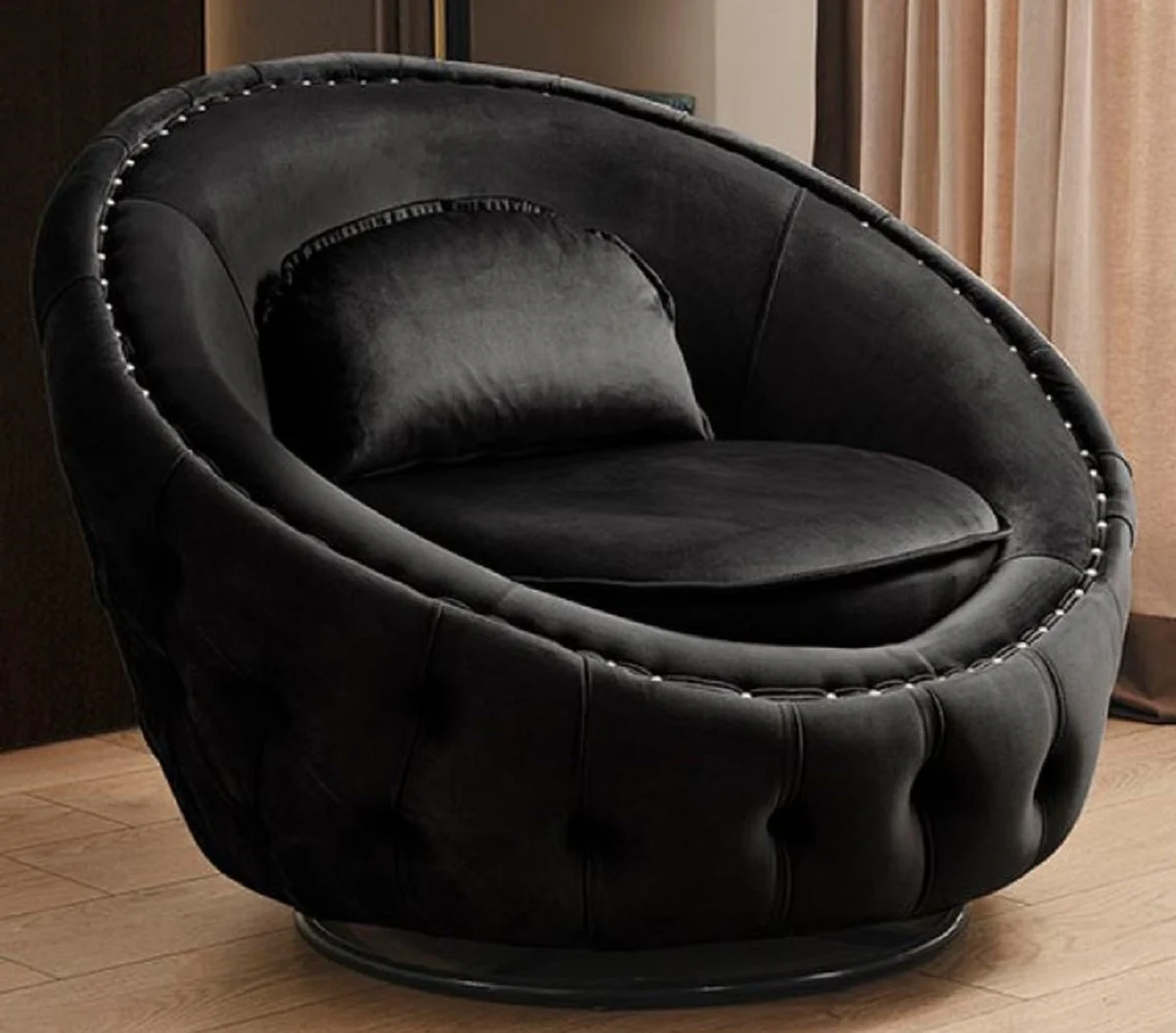 Luxus Chesterfield Drehsessel Schwarz Ø 90 cm - Moderner Chesterfield Wohnzimmer Sessel - Luxus Chesterfield Wohnzimmer Möbel