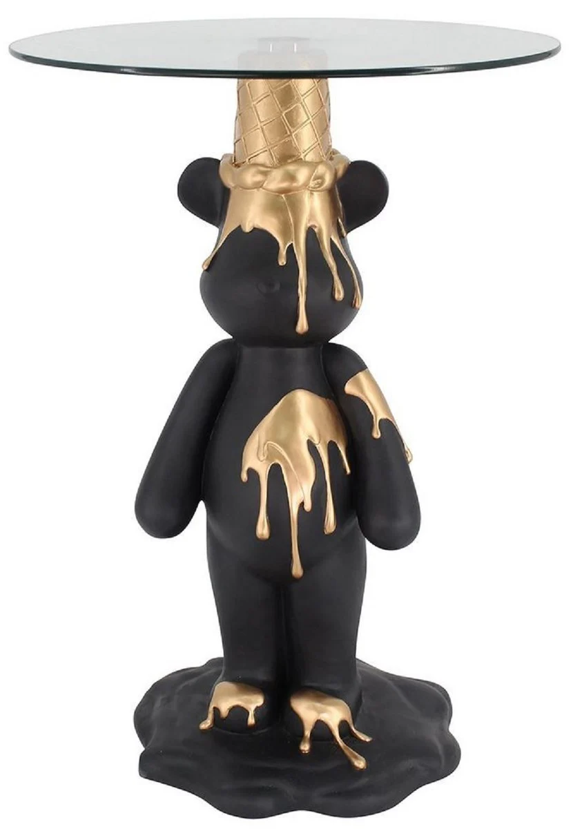 Luxus Beistelltisch Bär Schwarz / Gold Ø 48,5 x H. 69 cm - Runder Kunstharz Tisch mit Glasplatte - Wohnzimmer Möbel - Luxus Möbel - Luxus Einrichtung - Wohnzimmer Einrichtung