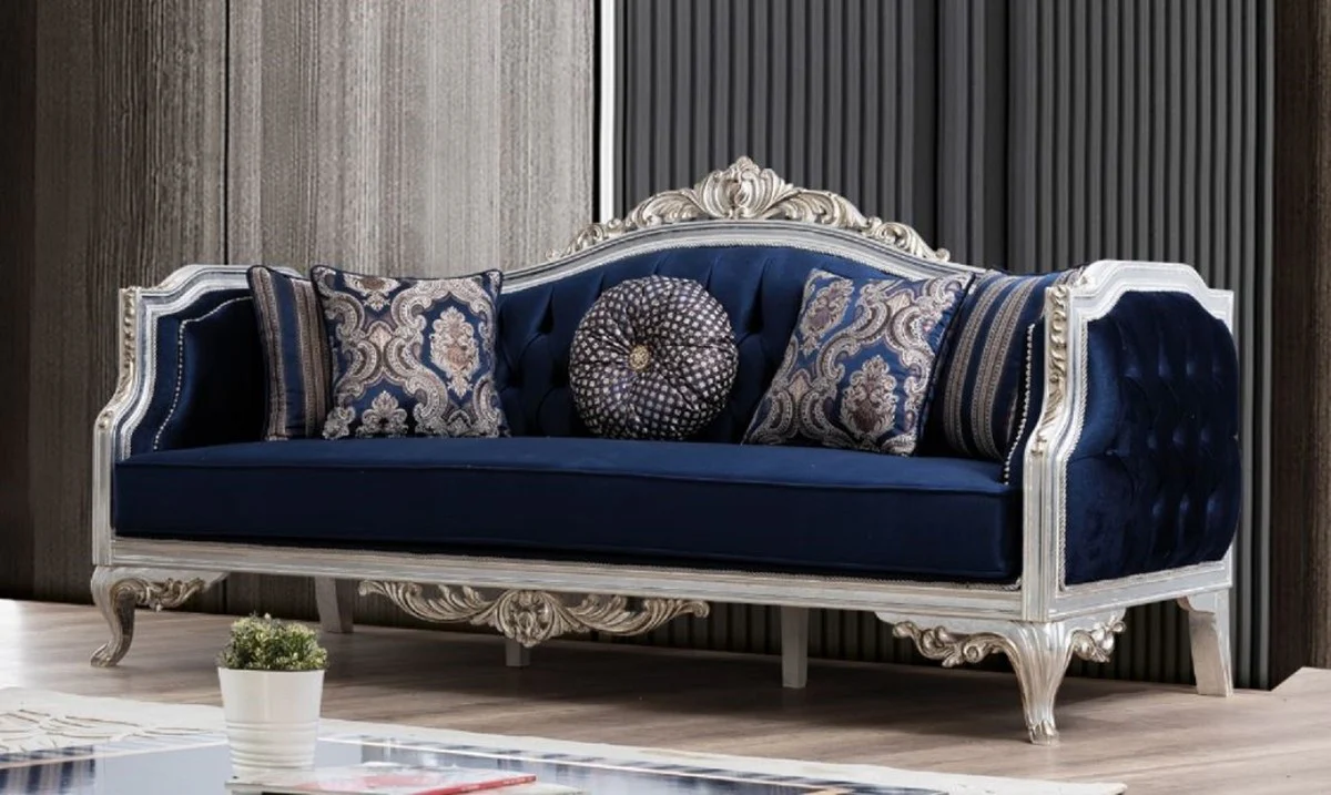 Luxus Barock Sofa Blau / Silber / Gold 228 x 90 x H. 110 cm - Wohnzimmer Sofa im Barockstil - Barock Möbel - Edel & Prunkvoll