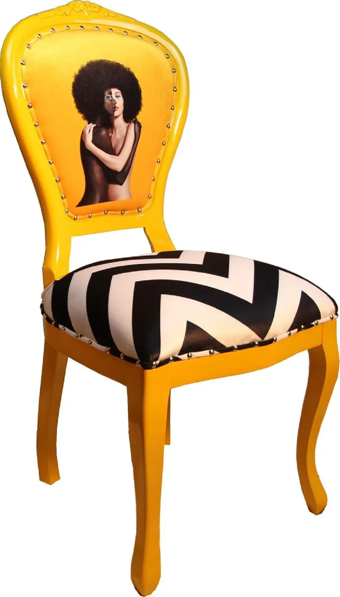 Luxus Barock Esszimmer Set Schwarz / Weiß Streifen / Gelb 55 x 54 x H. 103 cm - 6 handgefertigte Designer Esszimmerstühle - Barock Esszimmermöbel