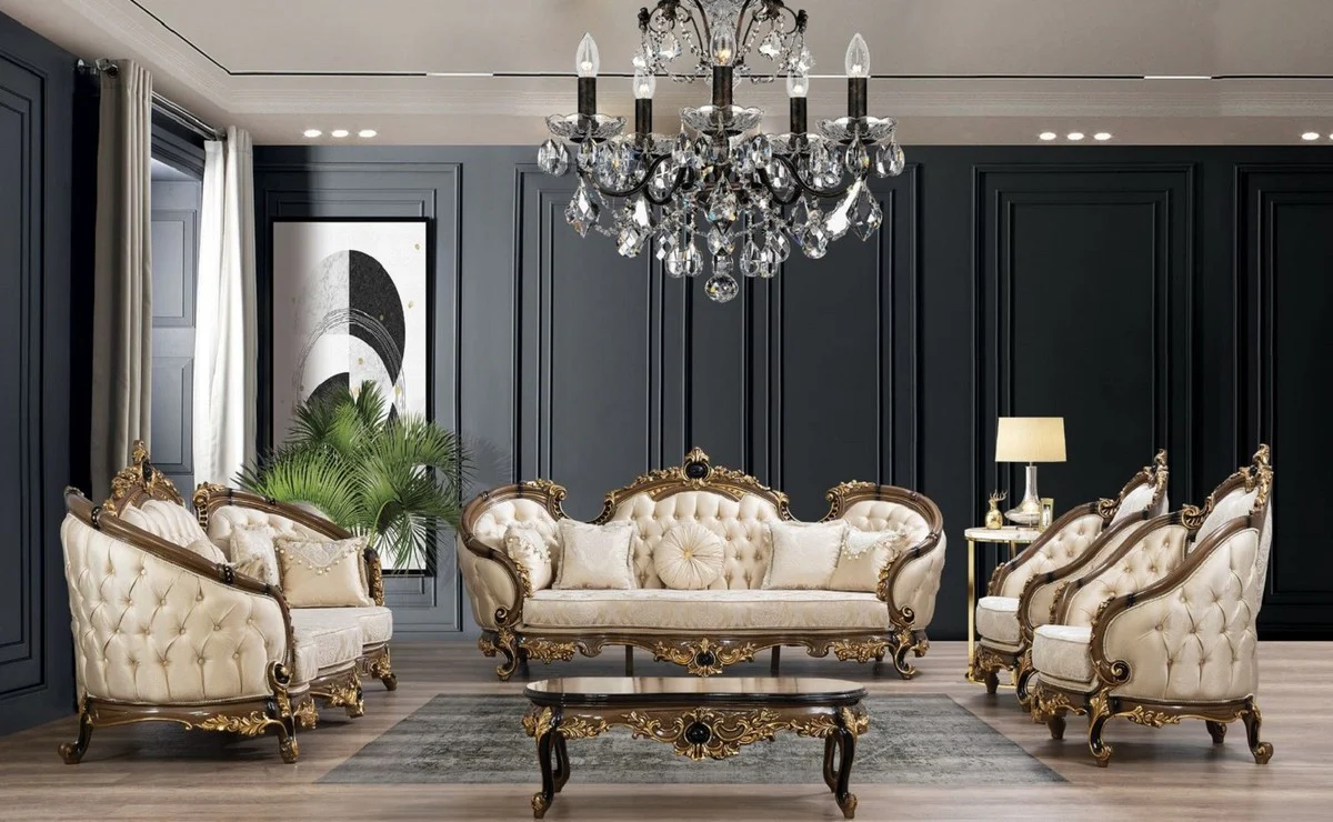 Luxus Barock Couchtisch Braun / Schwarz / Gold - Handgefertigter Massivholz Wohnzimmertisch - Prunkvolle Massivholz Wohnzimmer Möbel im Barockstil