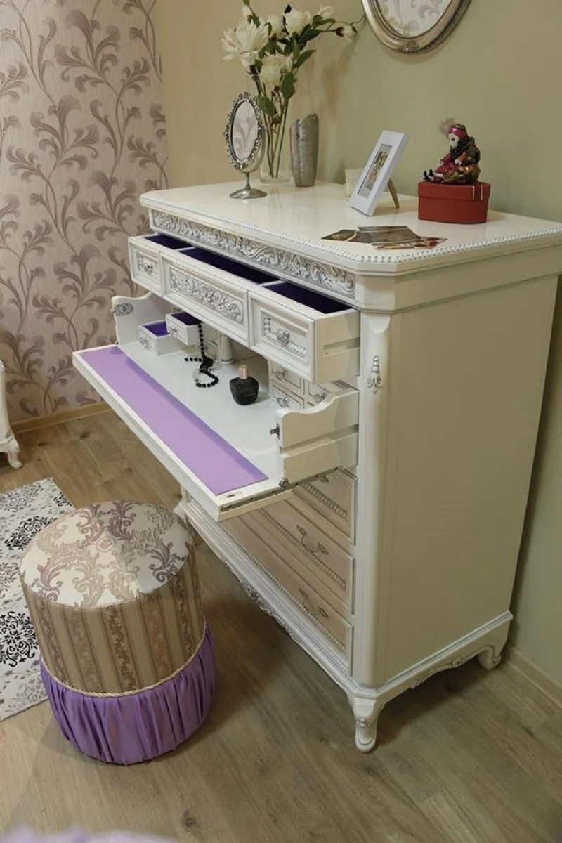 Luxus Barock Kommode Weiß / Grau / Lila / Silber - Prunkvolle Barockstil Schlafzimmer Kommode - Luxus Schlafzimmer Möbel im Barockstil - Barock Schlafzimmer Möbel