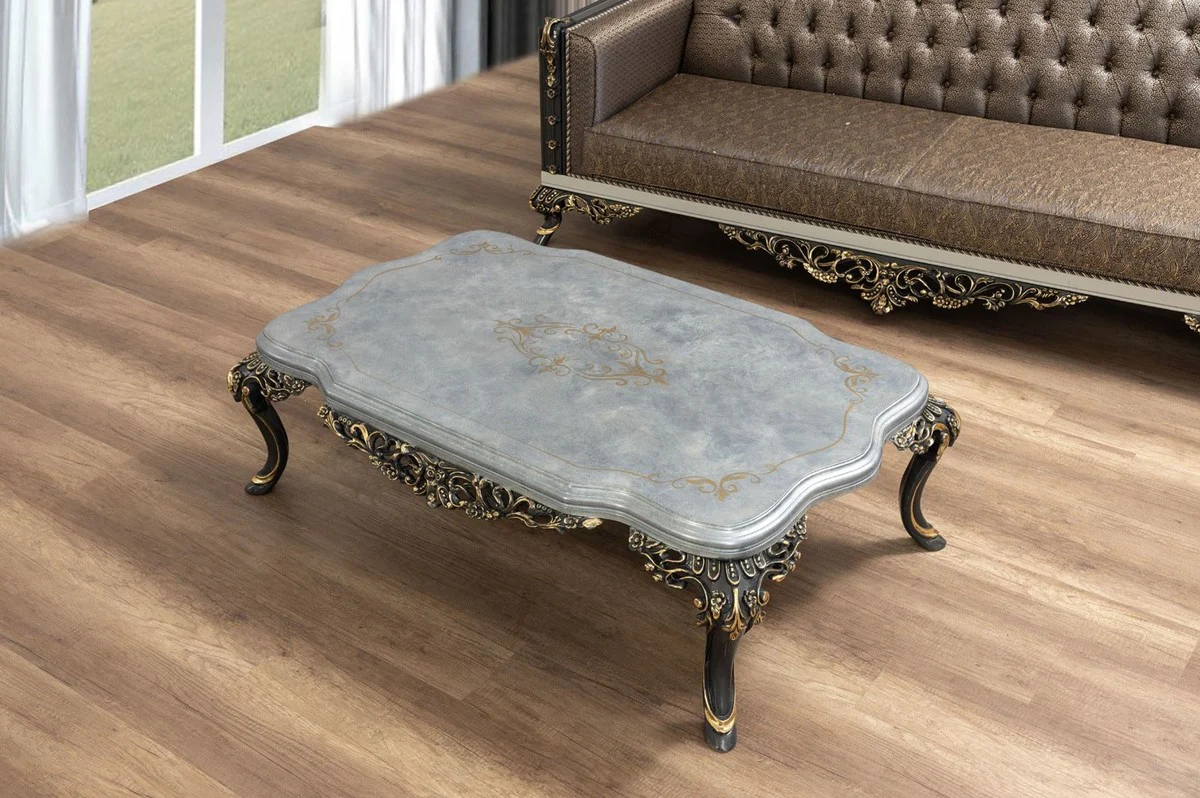 Luxus Barock Couchtisch Silber / Grau / Gold - Prunkvoller Massivholz Wohnzimmertisch im Barockstil - Barock Wohnzimmer Möbel - Edel & Prunkvoll