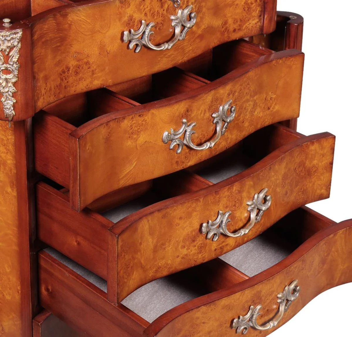 Luxus Barock Schmuckkommode Hellbraun / Braun / Silber 56 x 36 x H. 128 cm - Edle Massivholz Kommode mit Spiegel - Schmuckschrank im Barockstil - Barock Möbel