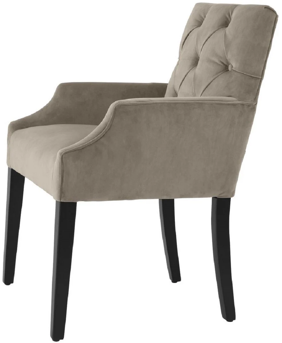 Luxus Esszimmerstuhl mit Armlehnen Greige / Schwarz 63 x 65 x H. 90 cm - Chesterfield Küchenstuhl mit edlem Samtstoff - Luxus Esszimmer Möbel