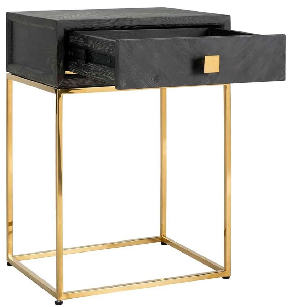 Luxus Beistelltisch Schwarz / Gold 50 x 40 x H. 71 cm - Massivholz Nachttisch mit Schublade und Edelstahl Gestell - Luxus Schlafzimmer Möbel