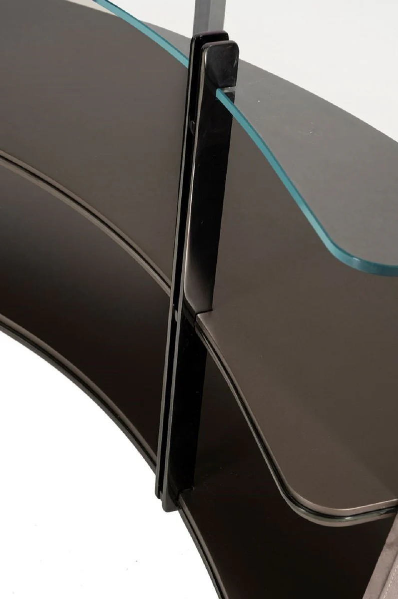 Luxus Regalschrank Grau / Dunkelbraun / Bronze 141,45 x 105,41 x H. 61,5 cm - Gebogener Schrank mit Glasplatte - Wohnzimmer Möbel - Hotel Möbel - Luxus Möbel