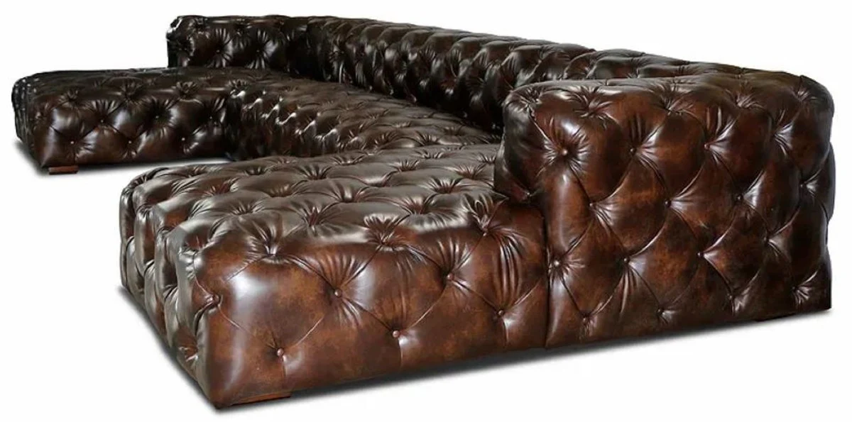 Luxus Chesterfield Leder U-Form Sofa Vintage Dunkelbraun 415 x 200 x H. 74 cm - 3-Teiliges Echtleder Wohnzimmer Sofa - Wohnzimmer Möbel - Chesterfield Möbel - Luxus Möbel