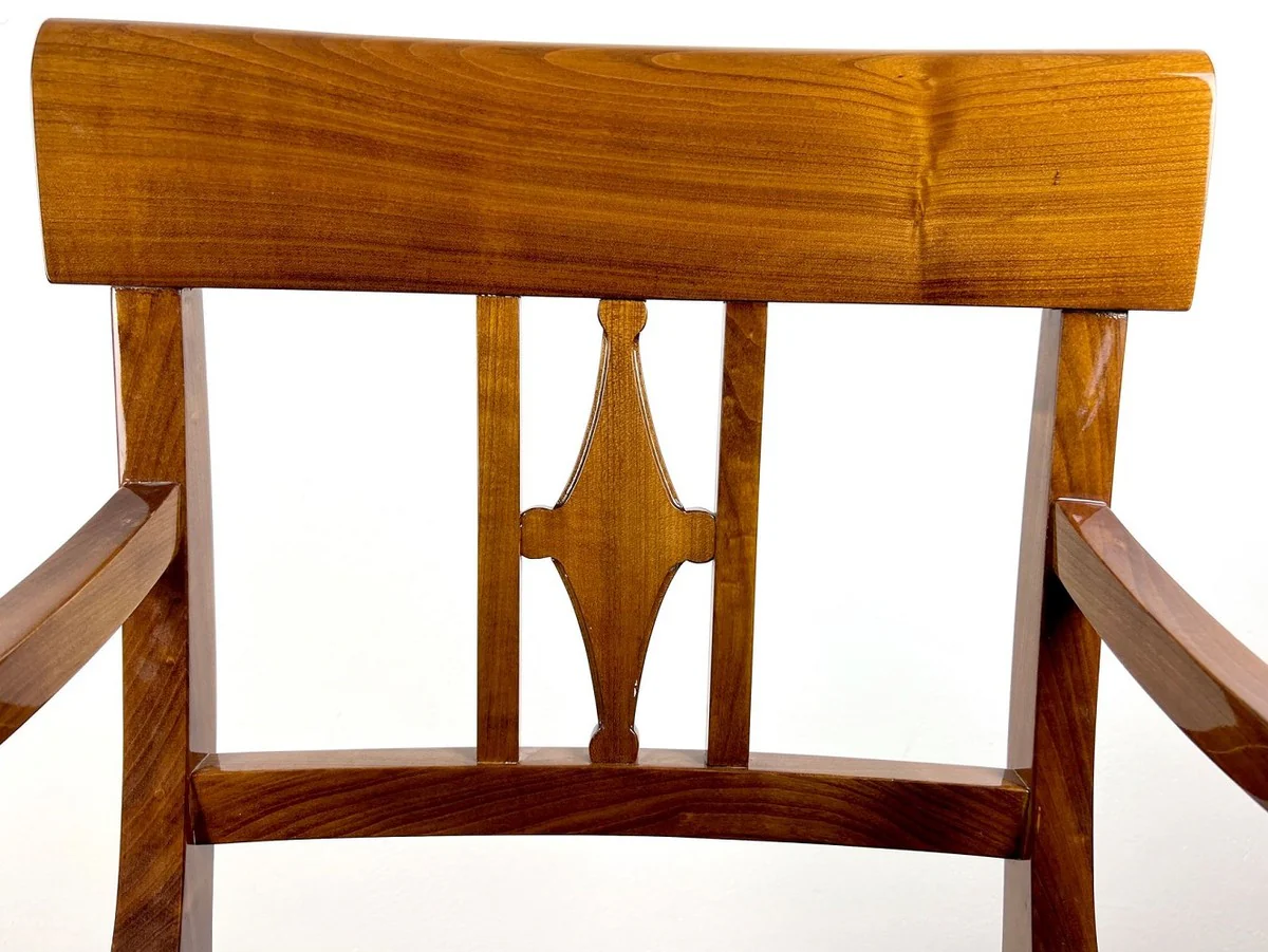 Luxus Biedermeier Esszimmer Stuhl mit Armlehnen und Streifen Braun / Schwarz 59 x H. 94 cm - Massivholz Küchen Stuhl - Massivholz Esszimmer Möbel - Biedermeier Esszimmer Möbel