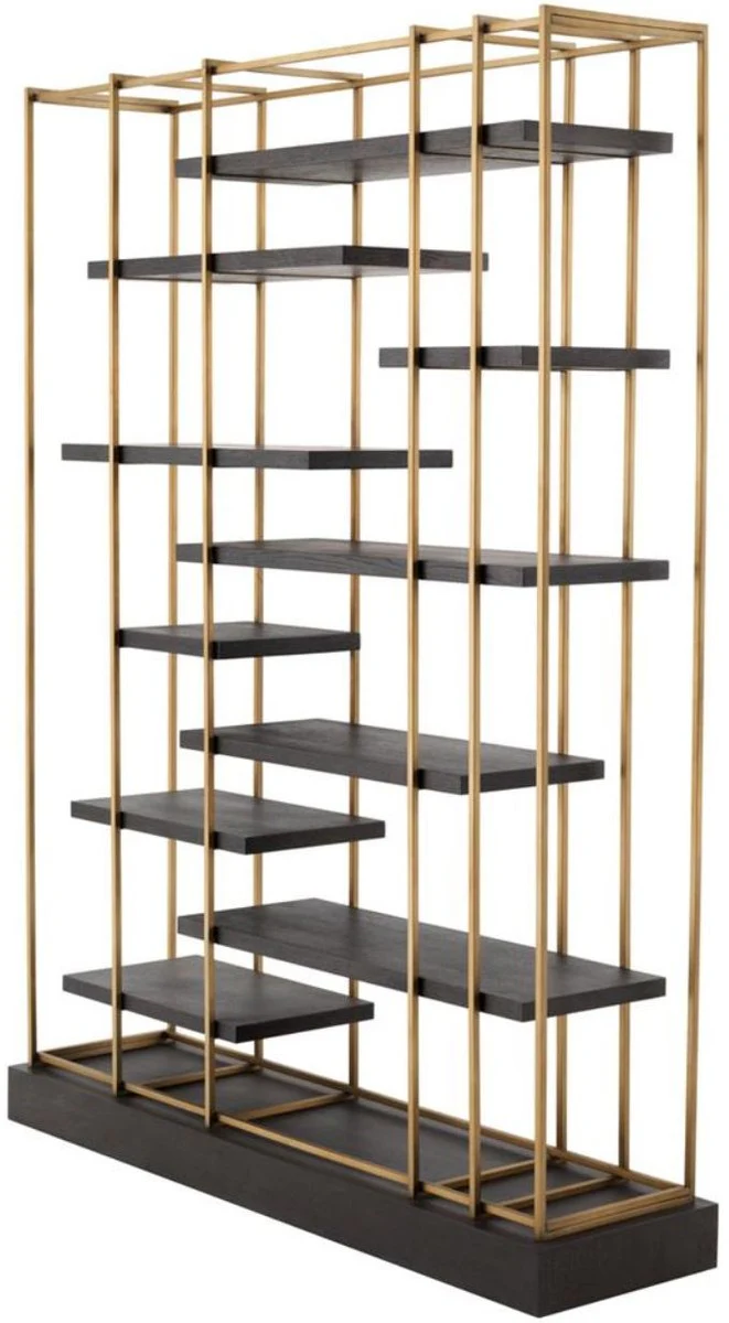 Luxus Wohnzimmer Regalschrank Dunkelgrau / Messing 166 x 45 x H. 222 cm - Wohnzimmerschrank