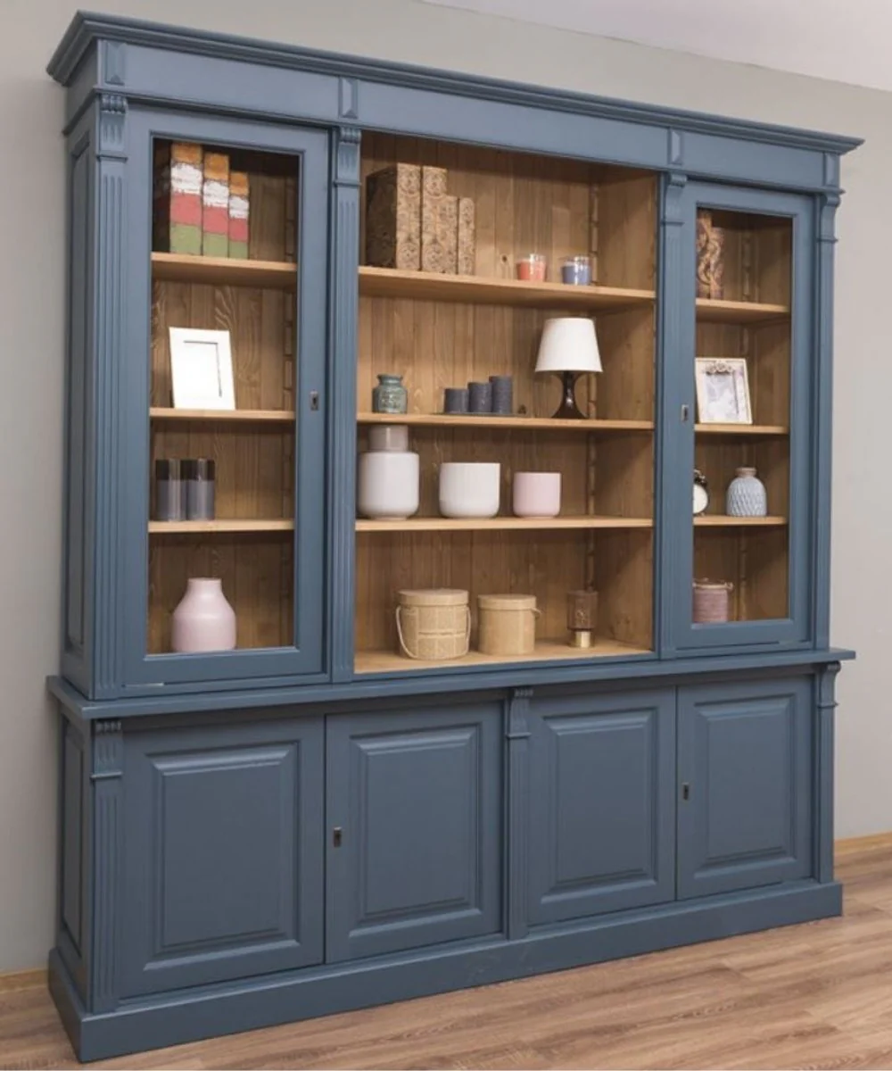 Landhausstil Wohnzimmerschrank Blau / Naturfarben 223 x 51 x H. 228 cm - Massivholz Schrank - Bücherschrank - Regalschrank - Landhausstil Möbel