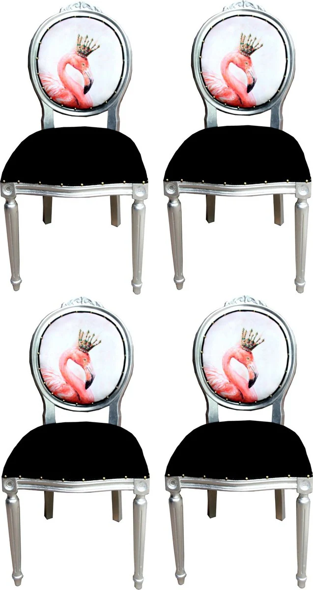 Luxus Barock Esszimmer Set Flamingo mit Krone Schwarz / Mehrfarbig / Silber 48 x 50 x H. 98 cm - 4 handgefertigte Esszimmerstühle mit Bling Bling Glitzersteinen - Barock Esszimmermöbel