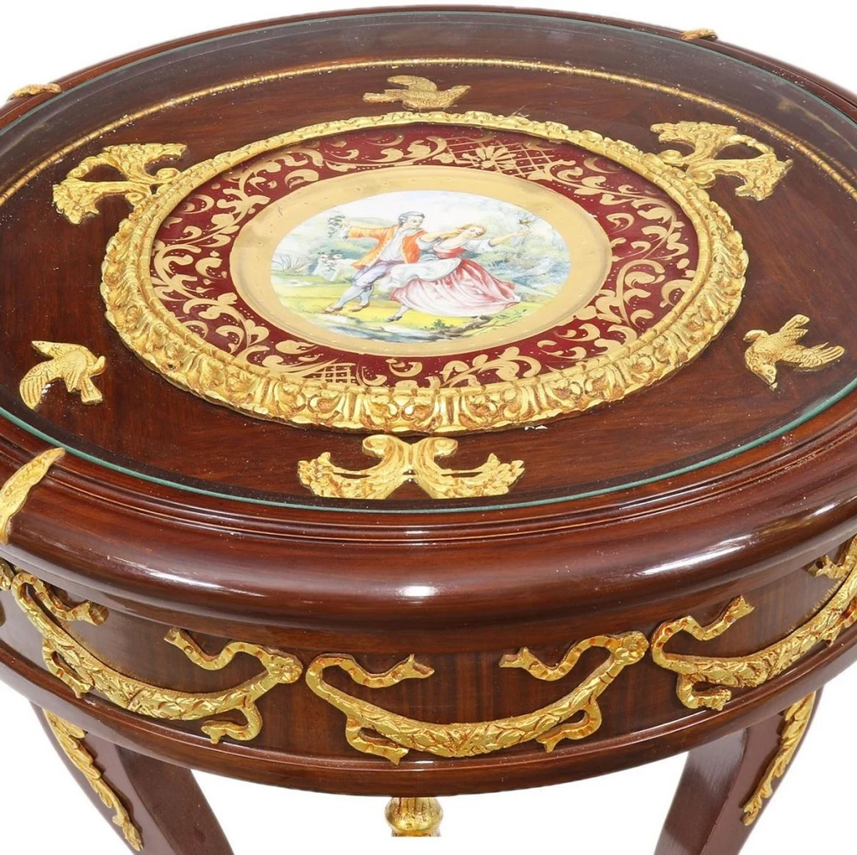 Barock Mahagoni Beistelltisch mit Glasplatte Braun / Gold Ø 55 x H. 78 cm - Prunkvoller runder handgefertigter und handbemalter Tisch mit wunderschönen Verzierungen