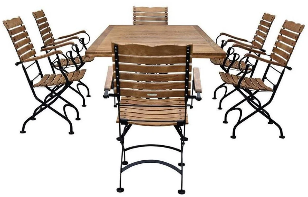 Jugendstil Garten Möbel Set Braun / Schwarz - 1 Jugendstil Garten Esstisch & 6 Jugendstil Garten Stühle - Barock & Jugendstil Gastronomie & Garten Möbel